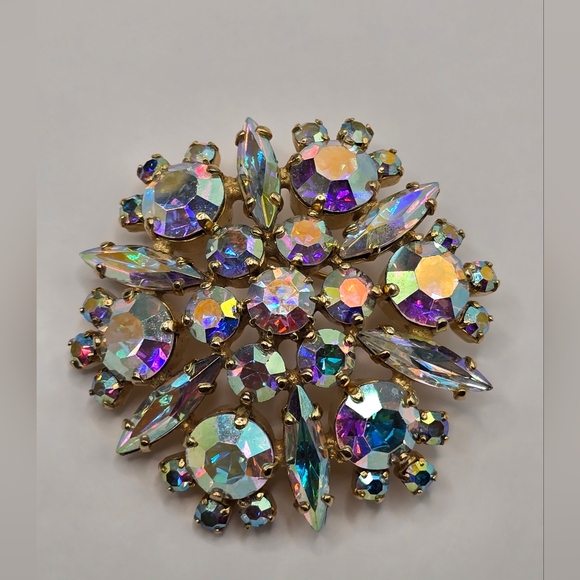 Sherman Jewelry - Vintage Sherman Aurora Borealis AB Swarovski Crystal Domed Brooch